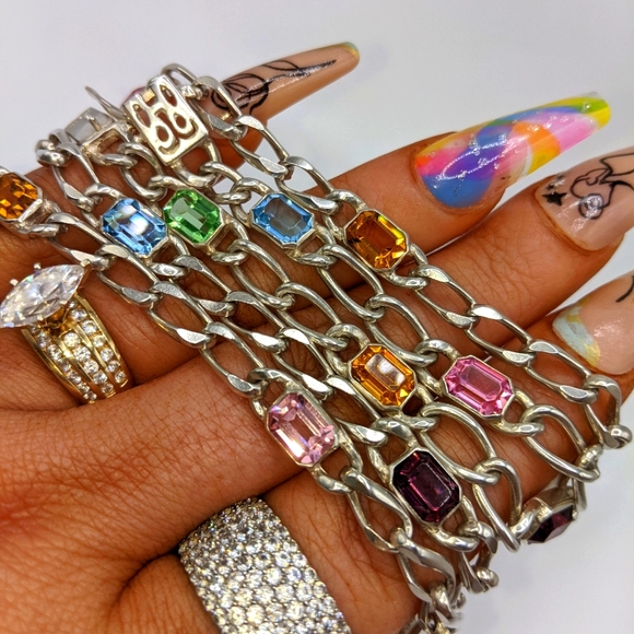 Vintage Jewelry - Multi-Gemstone StationNecklace and Bracelet Sterling Silver Set